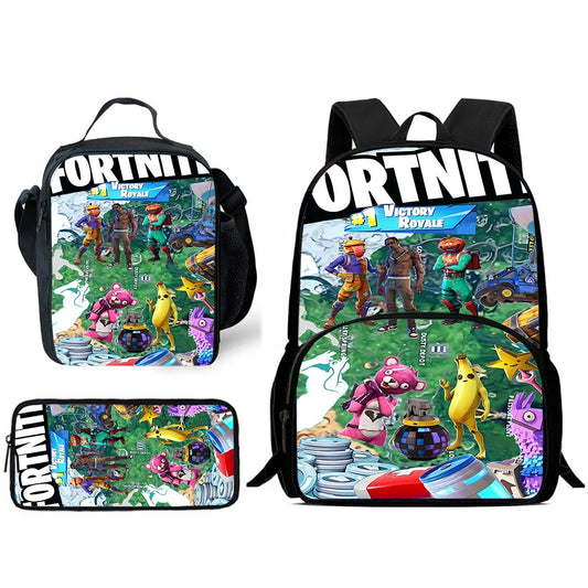 Kinder-Rucksack-Set im angesagten Gaming-Design mit Lunchbag und Federmäppchen, große Kapazität, Schultaschen für Jungen und Mädchen, ideales Geschenk F-FortniteS