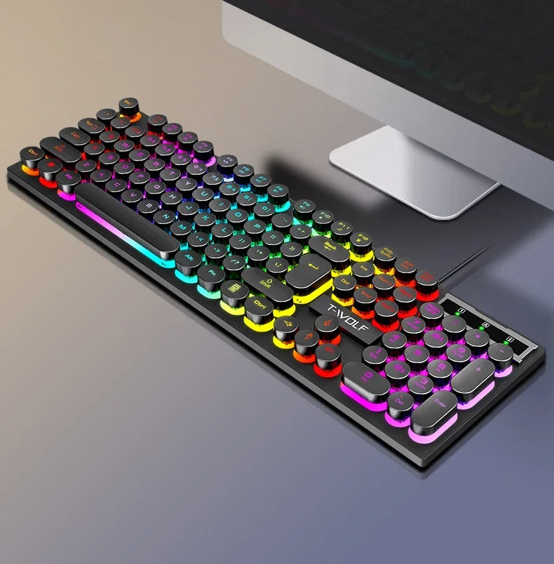 T80 Gaming Mechanical Feel Keyboard Wired 104 Keys Keyboard USB Retro Punk Game office Suspended Keycap cool RGB lighting effect
