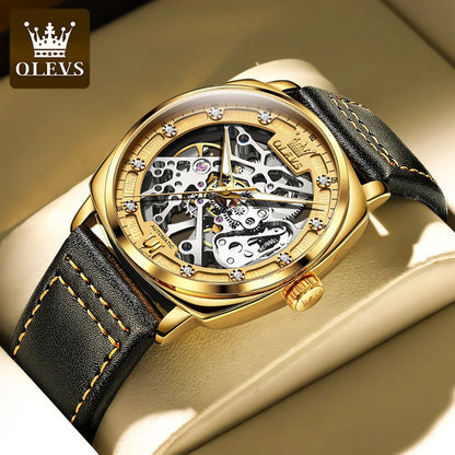 OLEVS 6651 Men's Watch Classic Automatic Mechanical Watch For Men Hollow Skeleton Clock Luxury Leather Waterproof Wrist Watches