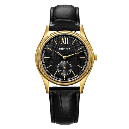 BERNY Luxury Watches for Men Classic Elegance Slim Dress Gold Quartz Men's Watch Leather Strap Fashion Business Wristwatch