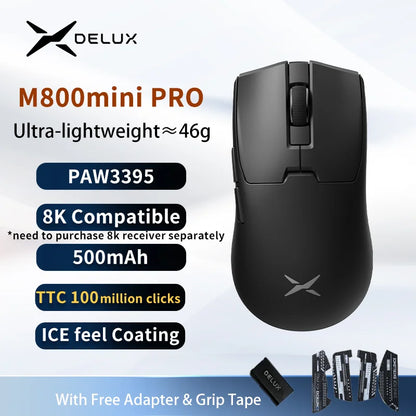 Delux M800mini Wireless Gaming Mouse, 46g Lightweight, PAW3395/PAW3311, 1KHz Polling Rate for Small to Medium Hand PC Gamer