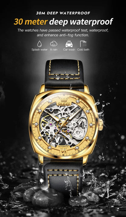 OLEVS 6651 Men's Watch Classic Automatic Mechanical Watch For Men Hollow Skeleton Clock Luxury Leather Waterproof Wrist Watches