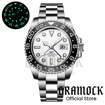 Gramock White Dial Blue GMT 40MM Watch For Men Roating Bezel Sapphire Glass Waterproof Reloj Hombre NH34A Mechanical Wristwatch