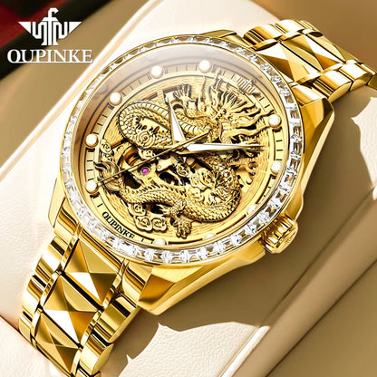 Reloj para hombre OUPINKE de marca de lujo, oro y acero de tungsteno, original, automático mecánico, con esfera decorada con motivo de dragón