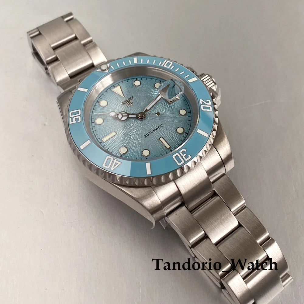 Tandorio 20ATM 40mm Men's Automatic Diver Watch For Miyota 8215 Asia 2824 Sapphire Glass Ice Blue Stainless Steel Jubilee Watch