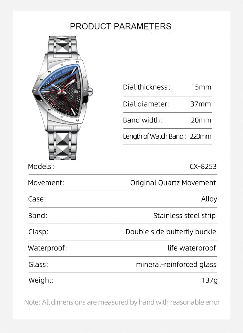 CHENXI Fashion Men's Watch Quartz Wristwatch Casual Hollow Triangle Watch Luxury Men's Gift Clock  Relojes Para