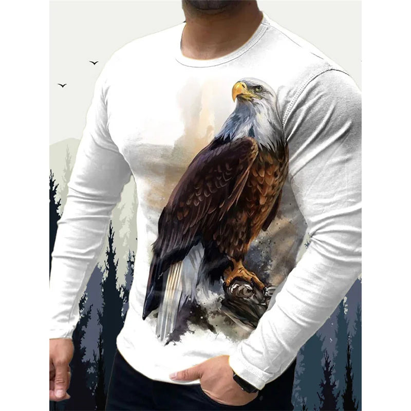 T-shirt pour homme « Wolf Eagle » imprimé en 3D, motif animalier vintage, printemps-automne, manches longues, col rond, coupe ample, style urbain