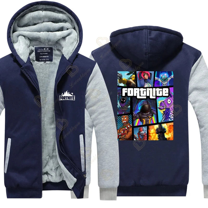 Winter Warm Fortnite Luminescent Hoodies Men Women Game Cosplay Sweatshirts Thick Fleece Zipper Couple Jacket&Coat