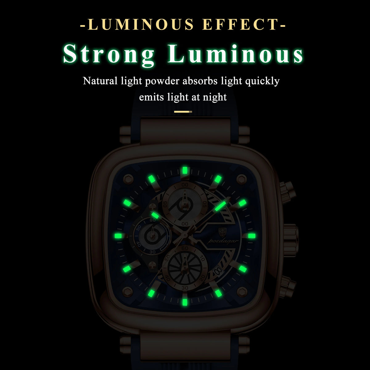 POEDAGAR Square Sport Man Wristwatch Date Waterproof Luminous Chronograph Watch For Men Silicone Strap Men's Quartz Watches Male