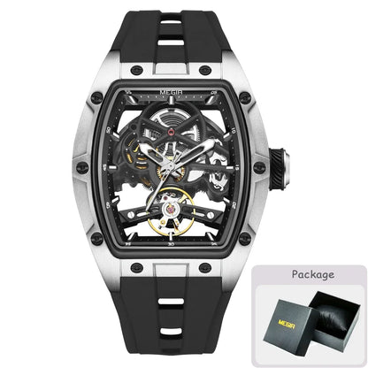 MEGIR Fashion Leisure Alloy Case Men Mechanical Watch Silicone Band Barrel Shaped Dial Luminous Pointer Design Man Wristwatch