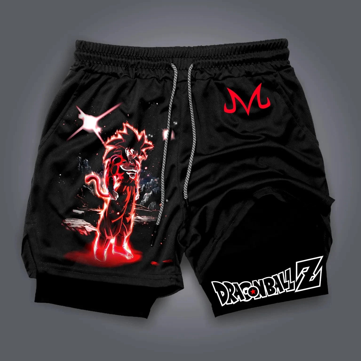 Produit gaming premium Fraquane, Dragon Ball Anime Peripheral Majin Buu GOKU Printed Sports Double-layer Shorts American 2025 Summer Men's Loose Breathable Pants