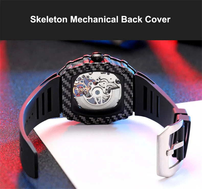 Mechanické hodinky s tourbillonem pro muže, silikonový řemínek, skeletové, tvaru tonneau, automatické, luxusní pánské hodinky Reloj Hombre