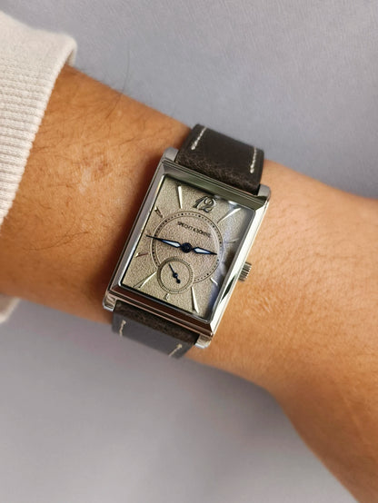 2026 Specht&Söhne Ultra Thin 7.5mm Rectangular Watch Japan Quartz Movement Small Seconds Sandblasted Dial Grey Leather Strap Watch