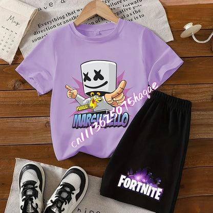 Σετ παιδικό Fortnite με T-shirt και σορτς, μπλουζάκι με εκτύπωση cartoon φιγούρας, καλοκαιρινό casual αθλητικό ένδυμα για αγόρια