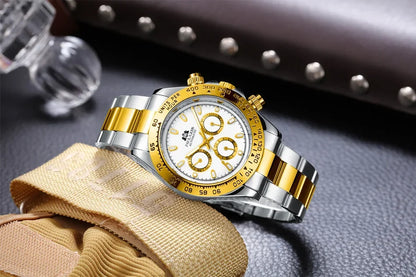 Automatic Mens Watch Self Wind Mechanical Gold Stainless Steel Glacier Ice Blue Dial Chestnut Brown Bezel Luminous Men Watches