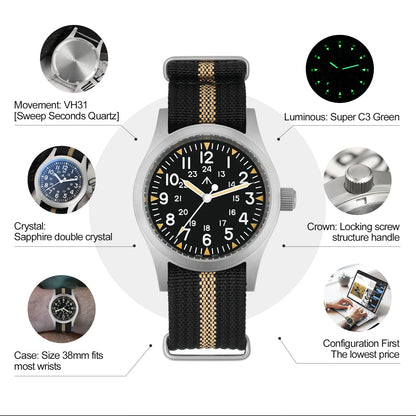 Militado ML05 38mm Military Field Watch VH31 Sweep Quartz Movement Domed Sapphire Crystal Waterproof 100M Super Luminous Watches
