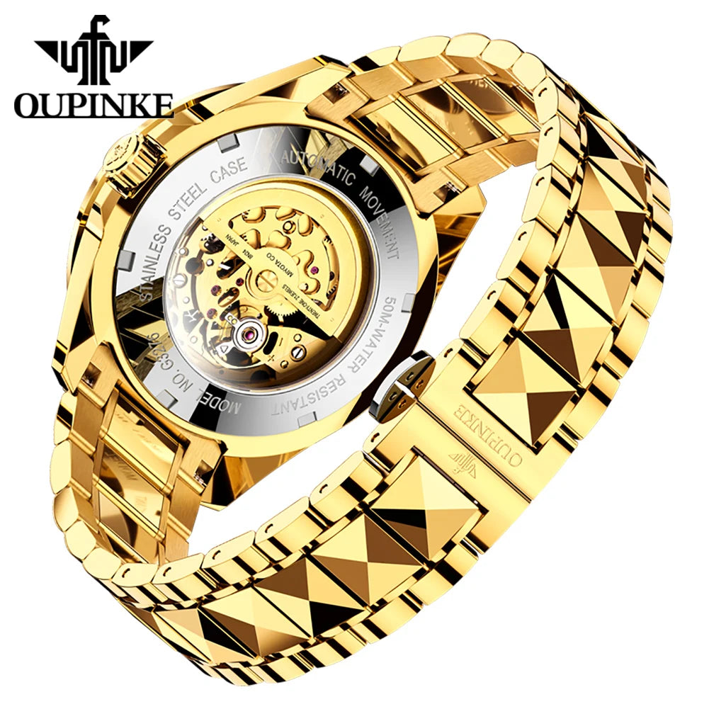 Reloj para hombre OUPINKE de marca de lujo, oro y acero de tungsteno, original, automático mecánico, con esfera decorada con motivo de dragón