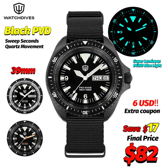 Watchdives WD1980 V3 Quartz Watch 100m Waterproof BGW9 Luminous Nylon Strap Watch Sapphire VH31 Movement Men Watch with Gift Box