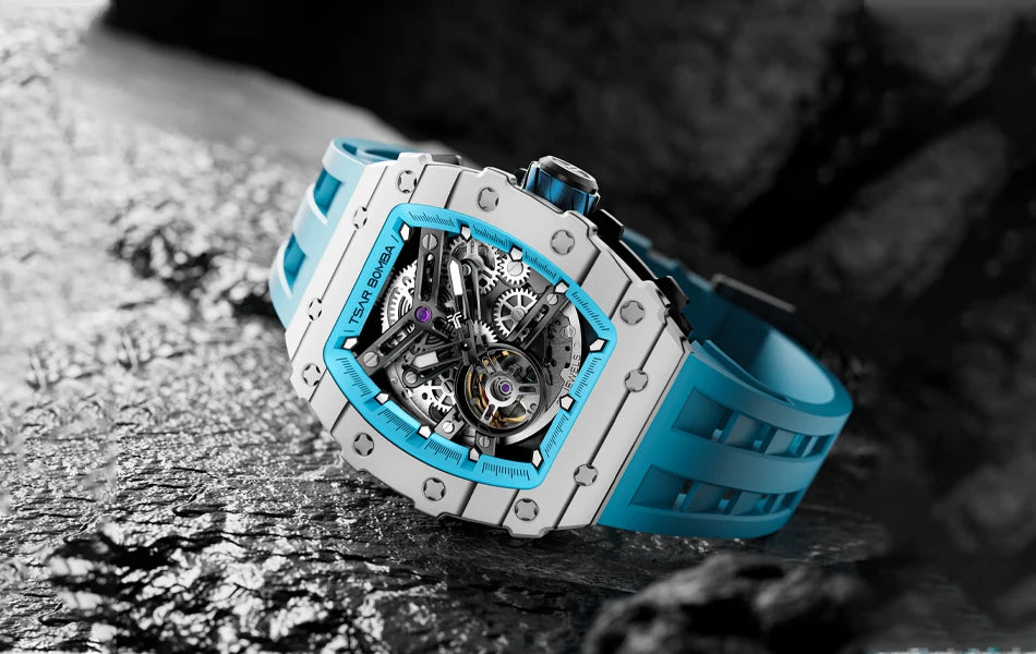 TSAR BOMBA Carbon Fiber Automatic Mechanical Watch for Men Waterproof Skeleton Mens Watches Top Brand Luxury Wristwatches