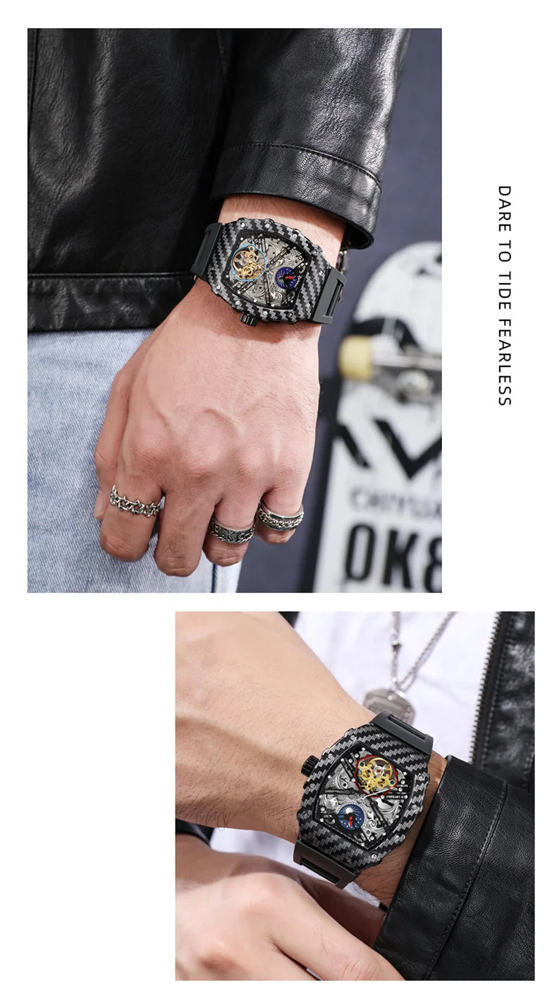 Mechanické hodinky s tourbillonem pro muže, silikonový řemínek, skeletové, tvaru tonneau, automatické, luxusní pánské hodinky Reloj Hombre