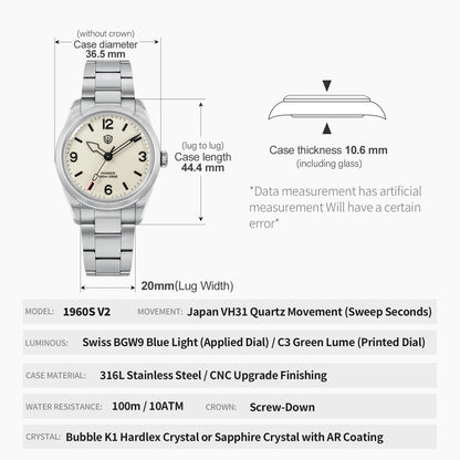 Watchdives WD1960S V2 36Mm Vintage Cream Man Watches VH31 Sweep Seconds Quartz Watch Bubble K1 Sapphire Luminous Stainless Steel