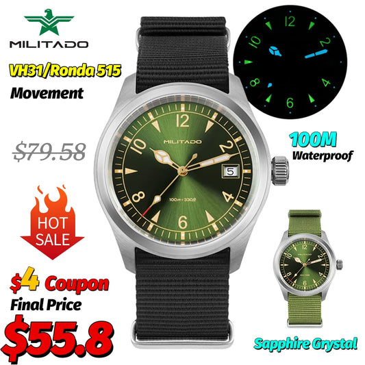 Militado ML08 Men Military Watch Ronda 515 Movement Sapphire Luminous Vintage Watches 10Bar Waterproof Stainless Steel Watch