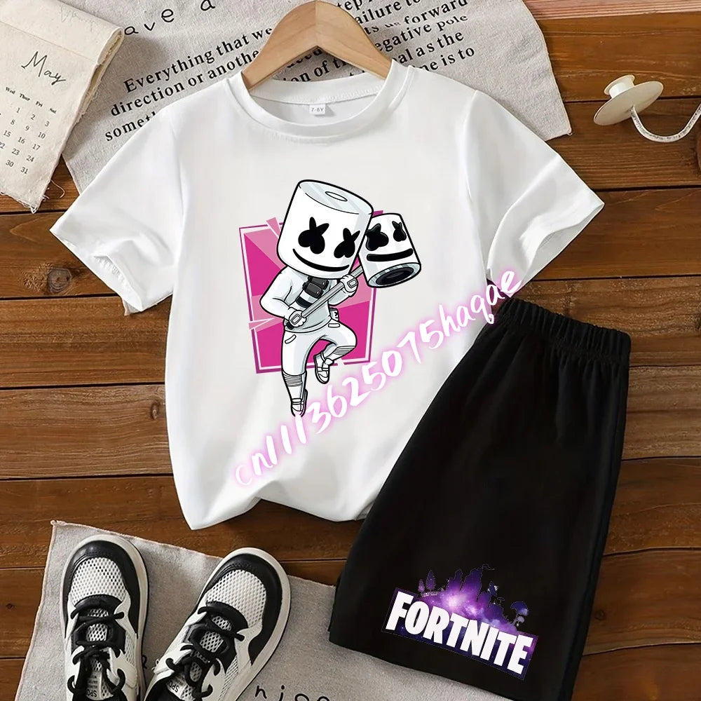 Σετ παιδικό Fortnite με T-shirt και σορτς, μπλουζάκι με εκτύπωση cartoon φιγούρας, καλοκαιρινό casual αθλητικό ένδυμα για αγόρια