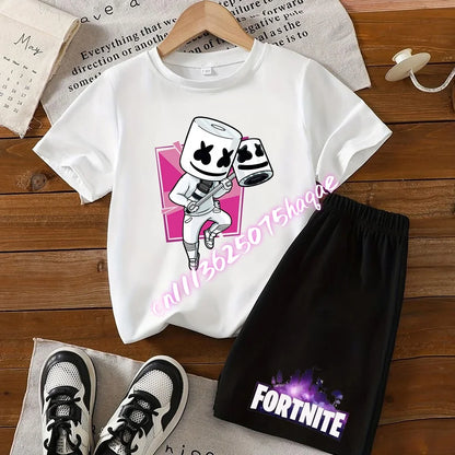 Σετ παιδικό Fortnite με T-shirt και σορτς, μπλουζάκι με εκτύπωση cartoon φιγούρας, καλοκαιρινό casual αθλητικό ένδυμα για αγόρια