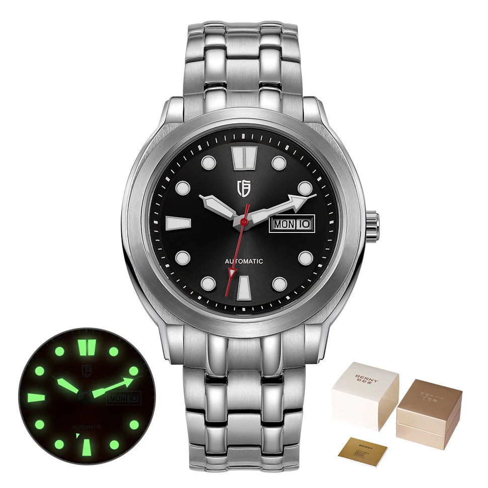 BERNY Automatic Men Watch Supper Luminous Sapphire Stainless Steel 100M Waterproof Business Casual Mechanical Wristwatch for Men