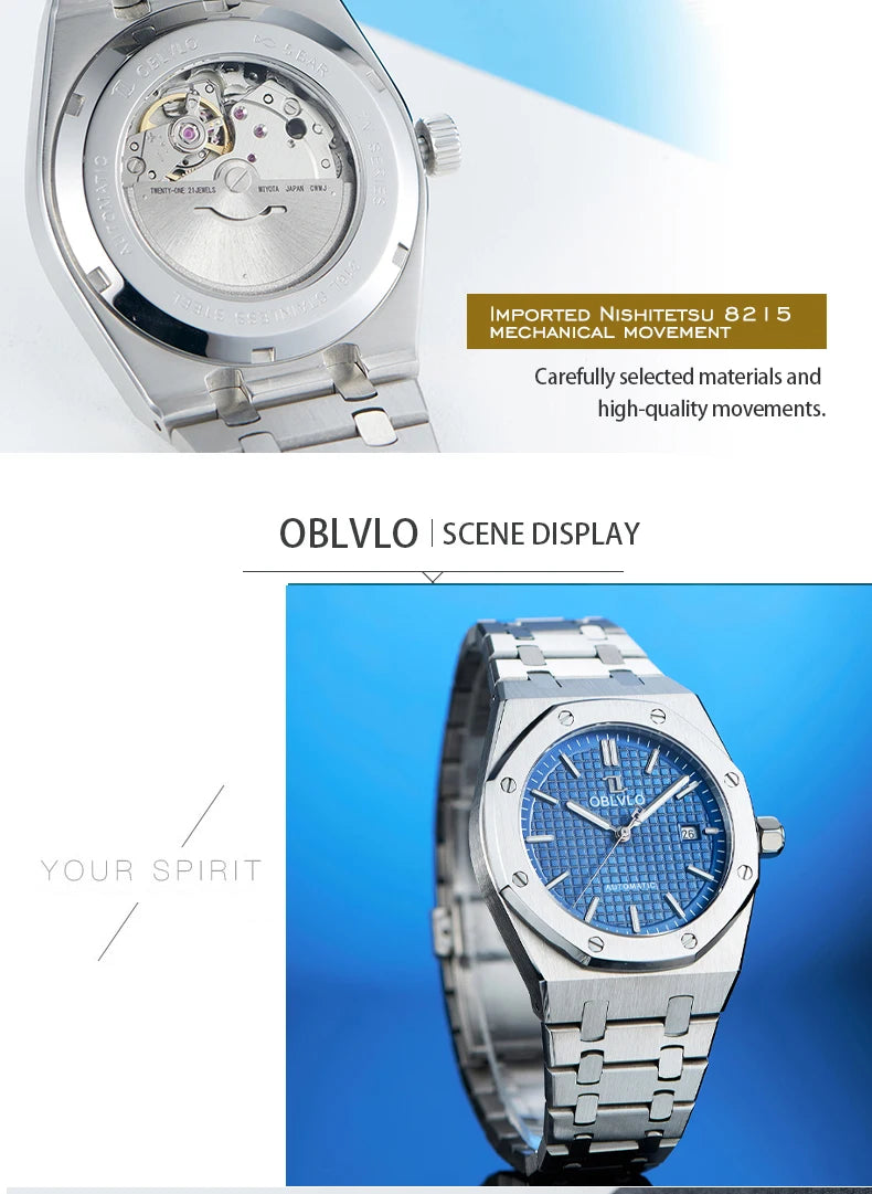 OBLVLO TM-ASP Luxury Men's Watch 41mm Blue Dial Rose Gold Automatic Luminous Waterproof Mechanical Casual Business Watch