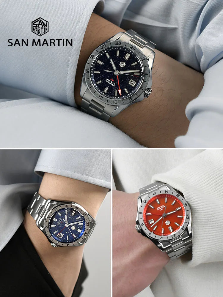Relógio de Luxo para Homem San Martin 39mm com Mostrador em Pedra Aventurina, NH34 GMT Automático Mecânico, Safira, Impermeável e Luminescente SN0129