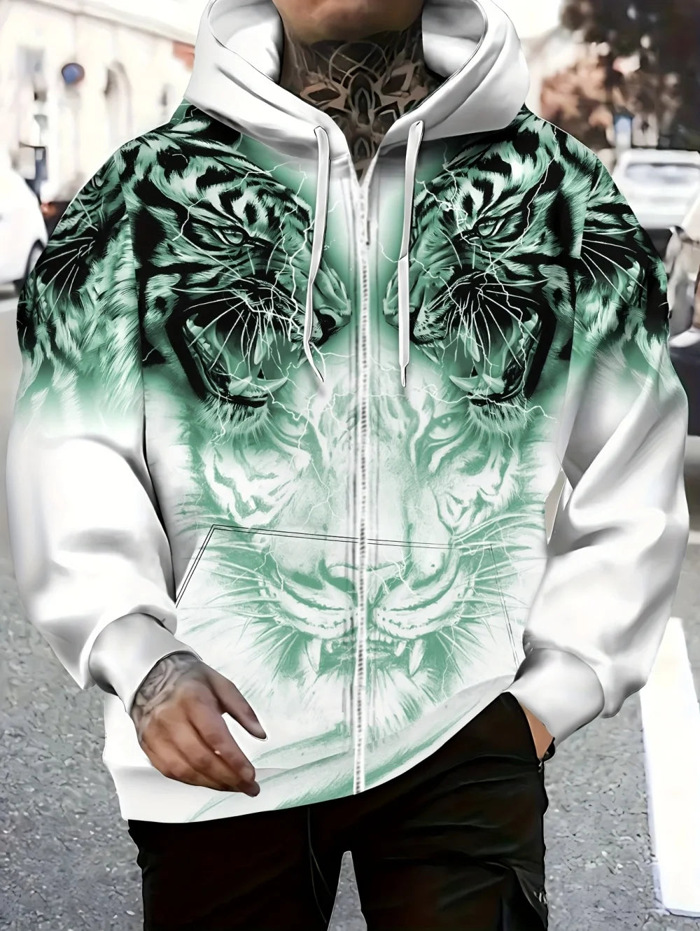 2025 Mens Long Sleeve Zip up Tiger Graphic Hoodie Casual Outdoor Fashion Coat with Drawstring and Pockets Zipup Hoodie for Man