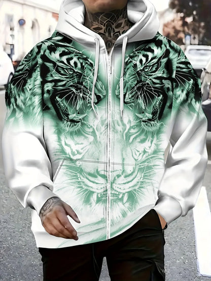 2025 Mens Long Sleeve Zip up Tiger Graphic Hoodie Casual Outdoor Fashion Coat with Drawstring and Pockets Zipup Hoodie for Man