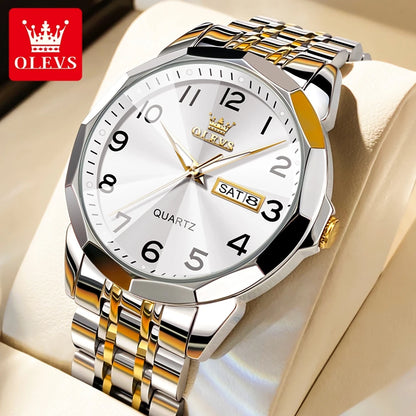 OLEVS 9970 Men Watch Original Brand Waterproof Luminous Quartz Watch Rhombus Mirror Stainless Steel Date-Day-Date Watch With Box