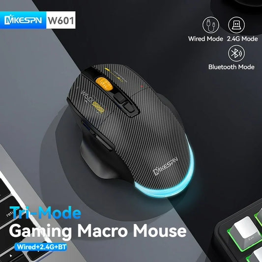 Herná myš z uhlíkových vlákien 12800DPI, trojrežimové pripojenie 2.4G bezdrôtovo / Bluetooth / káblovo, tiché tlačidlo, programovanie makier, 500mAh, 7 tlačidiel