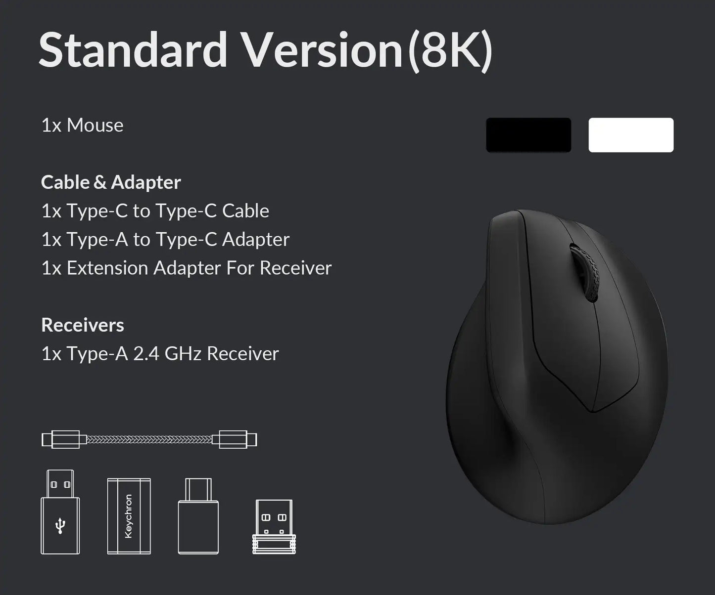 Keychron M5 безжична ергономична мишка, оптична, 8K Polling Rate, 2.4GHz и Bluetooth, Type-C, 3950 сензор