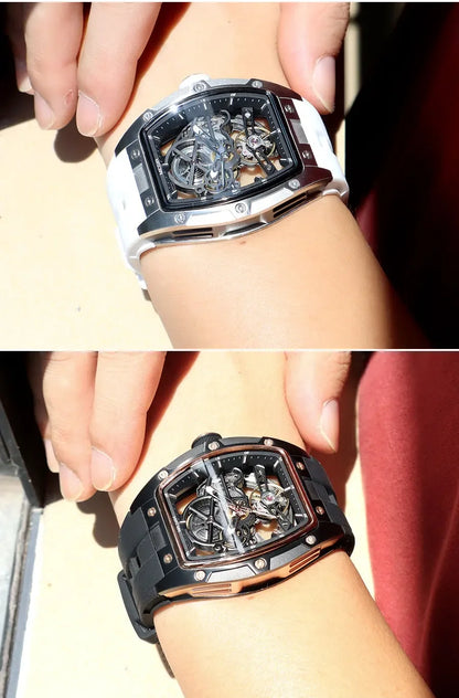 MEGIR Automatic Wristwatch Men Fashion Black Silicone Strap Wateproof Luminous Sport Mechanical Watch with Tonneau Dial 2242