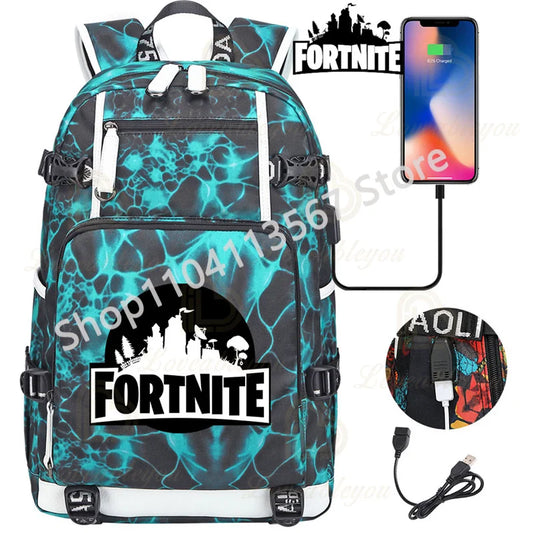 Ultima Knight F-Fortnited Battle Royale Rucksack mit USB-Ladeanschluss, Anime-Figuren und Studienfach für Schreibwaren für Schüler