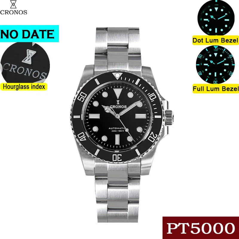 Cronos Sub Diver Men Watch No Date PT5000 Brushed Bracelet Ceramic Bezel 200 meters Water Resistant