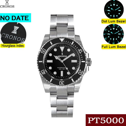 Cronos Sub Diver Men Watch No Date PT5000 Brushed Bracelet Ceramic Bezel 200 meters Water Resistant