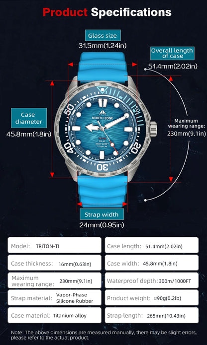 NORTH EDGE TRITON-Ti Solar Powered Dive Watch Titanium Alloy Case Men Luxury Quartz Watches For Men Waterproof 300M
