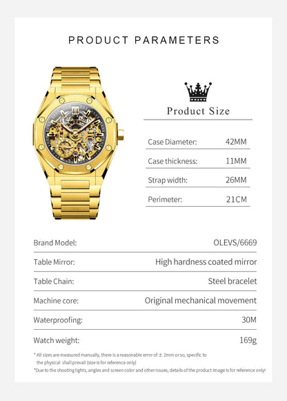 OLEVS 6669 Fully hollow men's watch luxury automatic mechanical watch men's 30M waterproof Man Wristwatches
