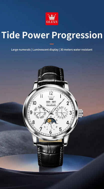 OLEVS 6698 Mens Watch Luxury Dress Brand Moon Phase Automatic Mechanical Watch For Men Leather  Waterproof Dual Calendar Watch