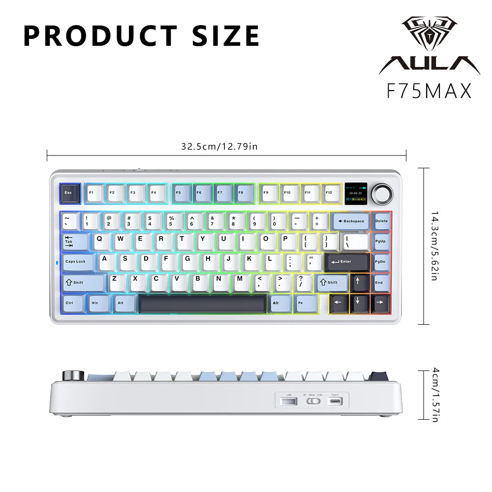 AULA F75 MAX Gaming Mechanical Keyboard 75% Wired/Bluetooth/2.4G Hot-Swap RGB E-sports Keyboard with TFT Screen for PC/Mac