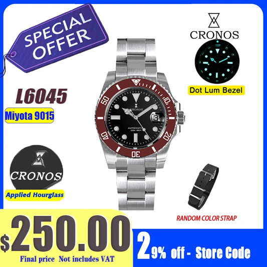Cronos New 40mm Diver Men Watches Luxury Miyota9015 Automatic Mechanical Watch Sapphire Crytal Waterproof 200m AdjustClasp L6045