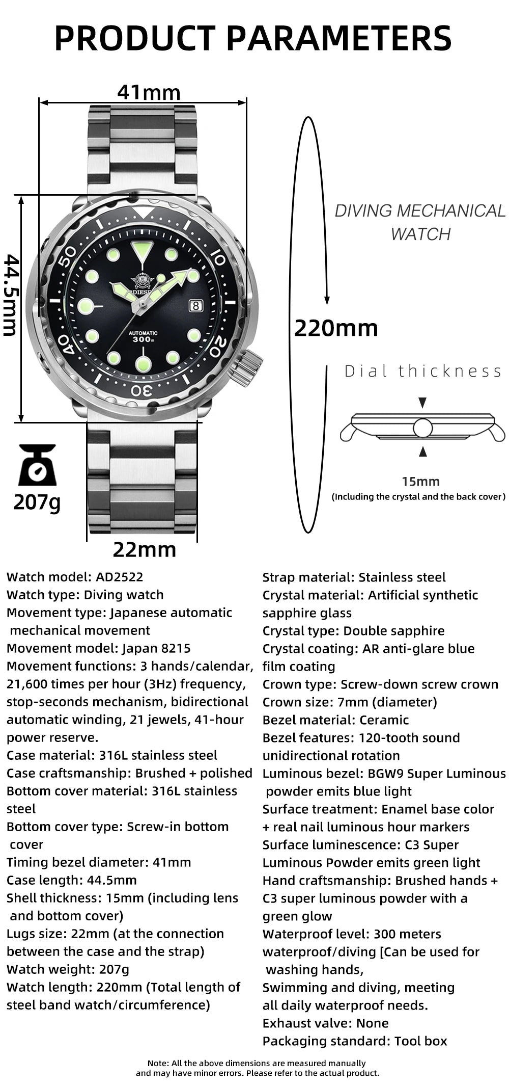 ADDIESDIVE Man Diving Watch 300M Waterproof C3 Super Luminous Sapphire Glass Calendar Automatic Mechanical Watches Reloj hombre
