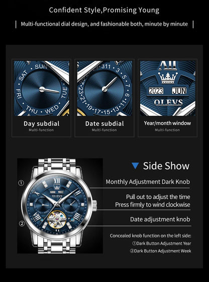 OLEVS Men's Watches Skeketon Flywheel Automatic Mechanical Original Wristwatch for Man Waterproof Luminous Perpetual Calendar