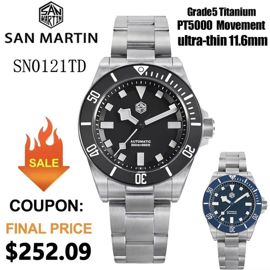San Martin SN0121TD Titanium Diving Watch ST2130 Automatic Movement Watches Grade5 Titanium 120 Click Waterproof 300m Wristwatch