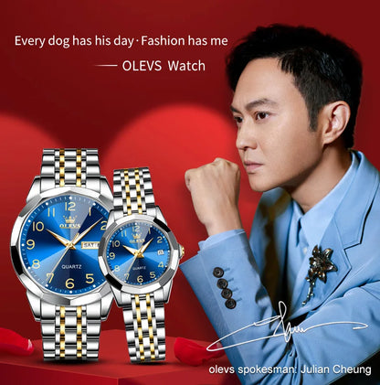 OLEVS 9970 Men Watch Original Brand Waterproof Luminous Quartz Watch Rhombus Mirror Stainless Steel Date-Day-Date Watch With Box