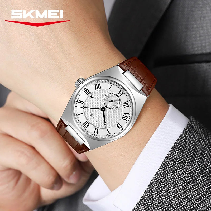 SKMEI 9390 Elegant Men's Quartz Watch Roman Scale Calendar Waterproof Leather Strap Casual Business Watches for Man Reloj Hombre